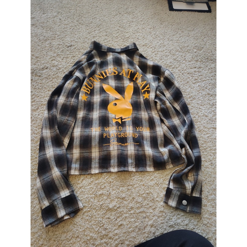 Playboy x Sumwon Plaid Zip Flannel Jacket Men's M Brown NWT Bunny Cropped